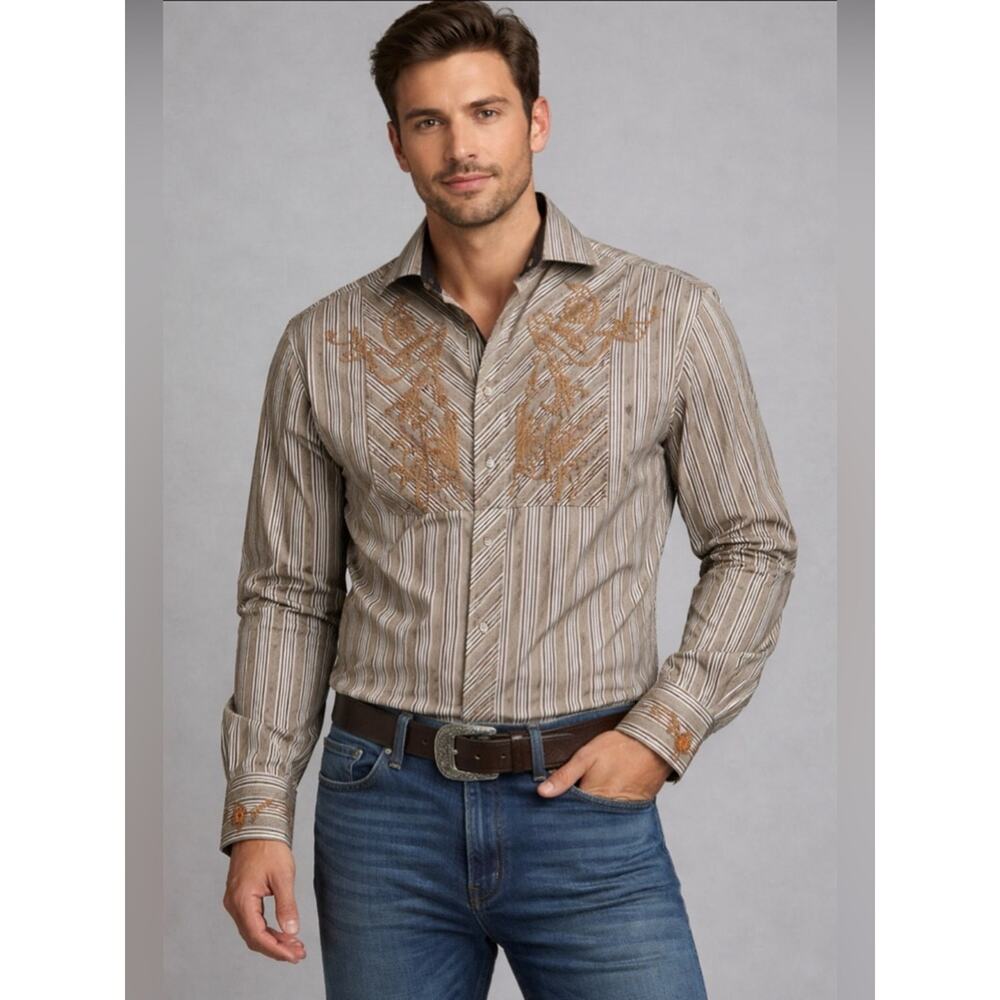 English Laundry Men’s Large Western Embroidered Stripe Button Down Taupe Gray